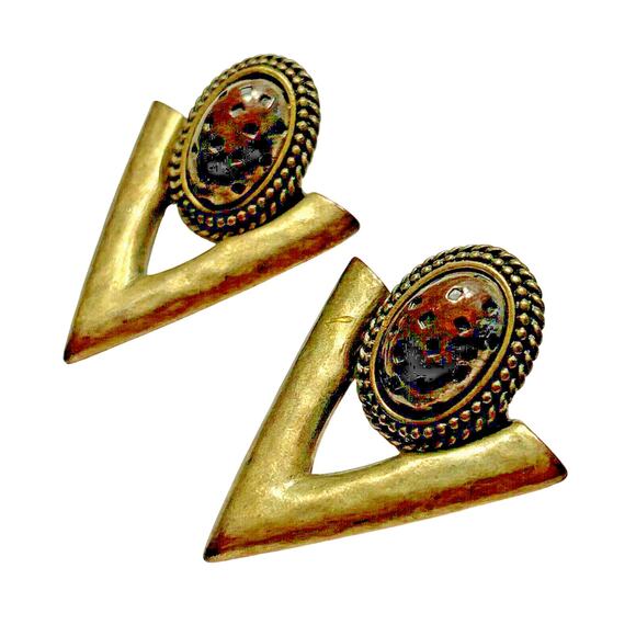 Pierced Earrings Hammered Gold & Black Doorknockers Geometric Mod Vintage 1980s - Picture 1 of 6